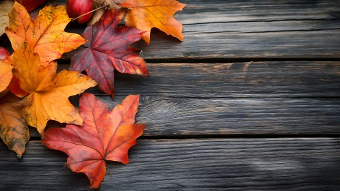 Colorful autumn maple leaves on rustic wooden boards.