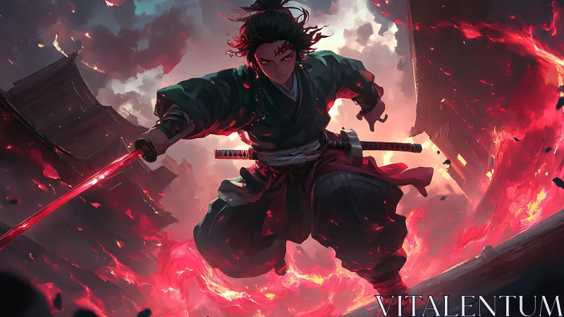 Fiery samurai warrior charges through a burning village.