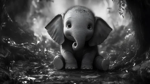 Digital render shows stylized baby elephant in forest clearing