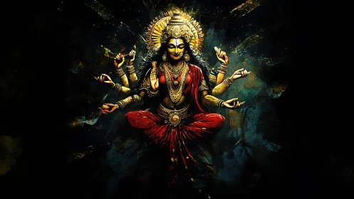 Radiant multi-armed goddess in glowing red and gold robes.