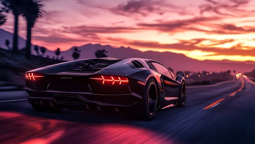 Sunset highway supercar glides into a glowing open horizon