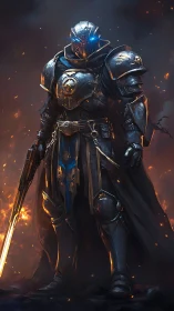 Armored cyber-knight stands amid embers in dramatic chiaroscuro