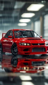 Gleaming red sports sedan waits confidently in the rainy garage