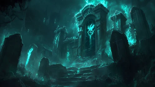 Ghostfire gateway breathes teal curses into the graveyard night