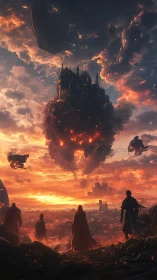 Sky fortress looms above heroes at a burning sunset horizon