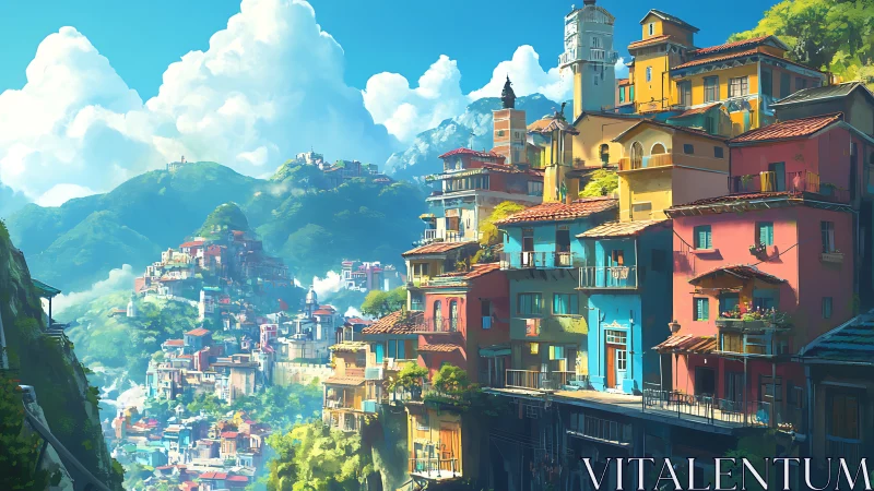 Terraced chromatic hillside city under volumetric clouds.