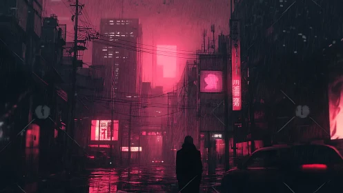 Silhouette walks neon city street under heavy night rain
