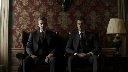 Solemn gentlemen in suits share a dimly lit parlor hush.