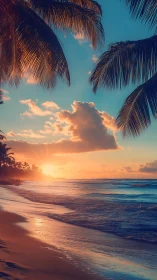 Tropical shoreline sunset rendered in saturated digital hues