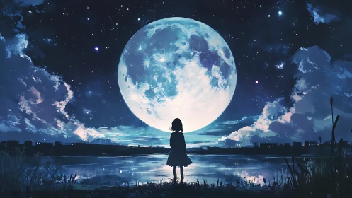 Girl silhouetted before colossal moon over reflective lake.