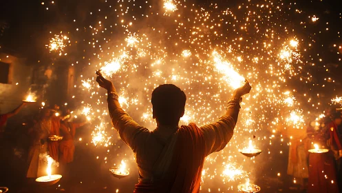 Backlit devotee with sparklers amid dense festival pyrotechnics