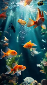 Golden koi shoal illuminated by volumetric underwater light