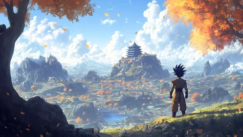 Young warrior overlooking vast autumn valley landscape.