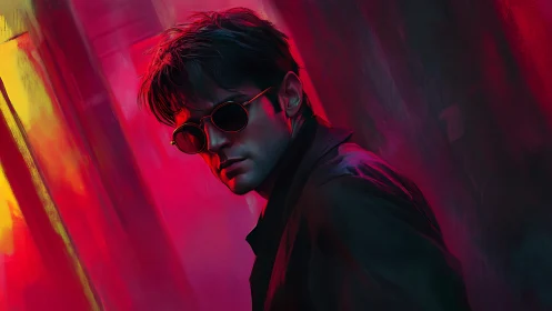 Brooding man stalks neon alley under crimson shadows.