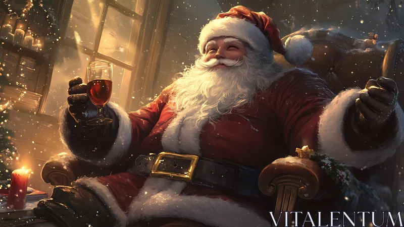 Cozy Santa relaxing by the fire with a cheerful holiday toast.