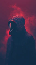 Hooded neon phantom drifting through ultraviolet smoke.