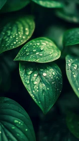 Macro study of rain-kissed green foliage with bokeh depth.