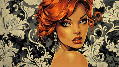 Digital painting portrait with baroque floral damask backdrop.