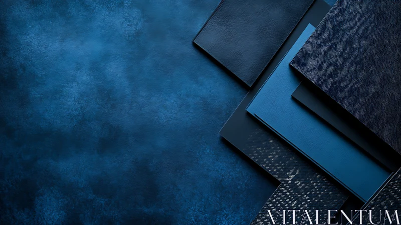 Stacked textured blue material samples on dark background.