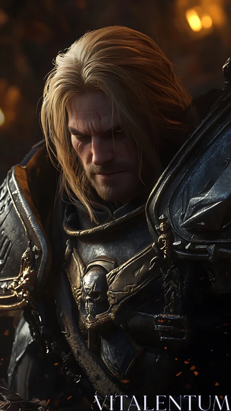 Brooding blonde knight in battle-worn black armor at dusk.