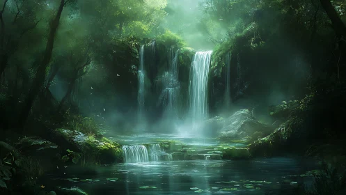 Dense forest waterfall scene with mist and reflective pool.