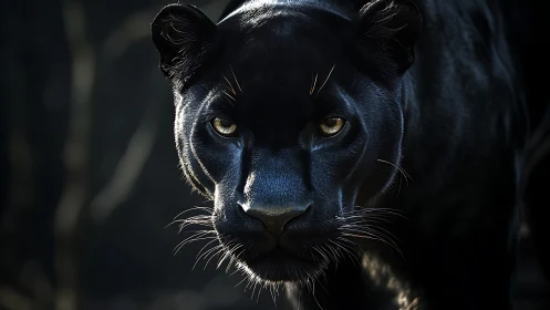Black Panther Portrait with Luminous Golden Eyes Staring Forward