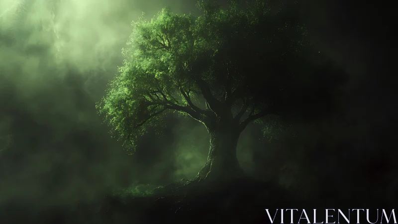 Solitary green tree emerging through dense atmospheric mist.