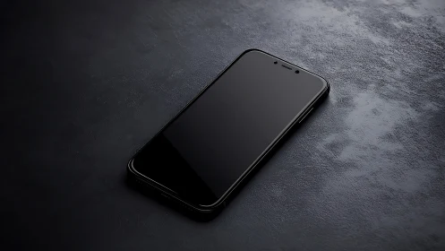 Black smartphone on textured charcoal surface with subtle lighting.
