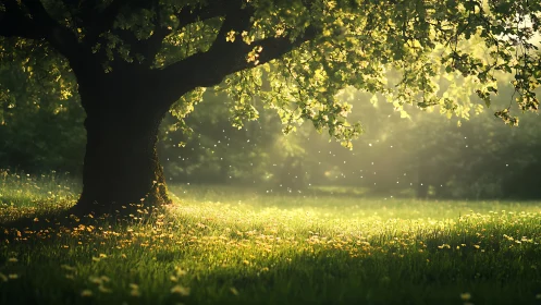 Sunlit tree canopy over meadow with airborne particles.