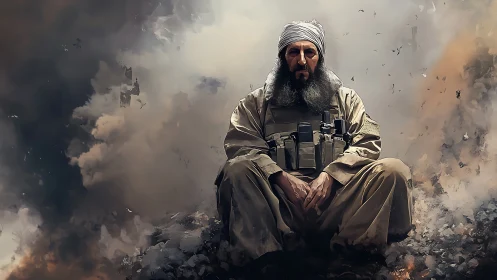 Militant figure seated amid volumetric smoke plumes.