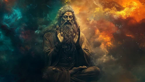 Cosmic sage floats between stormy nebulae and inner silence