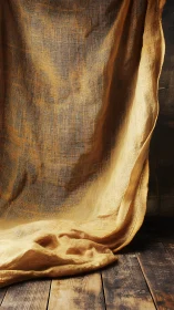 Golden linen fabric drapes over rustic weathered floor.