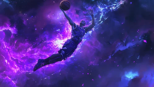 Basketball player soars through glowing purple space scene.