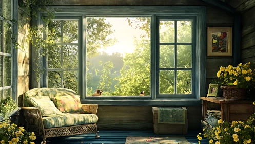 Sunlit cottage window frames tranquil garden view
