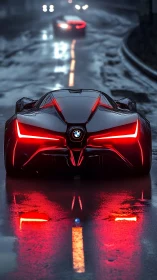 Futuristic sports car glows on wet night highway