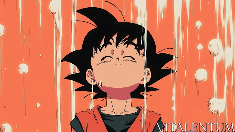 Anime child under vertical water streams, serene focus.