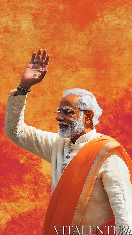 Digital portrait of dignitary waving against textured orange field.