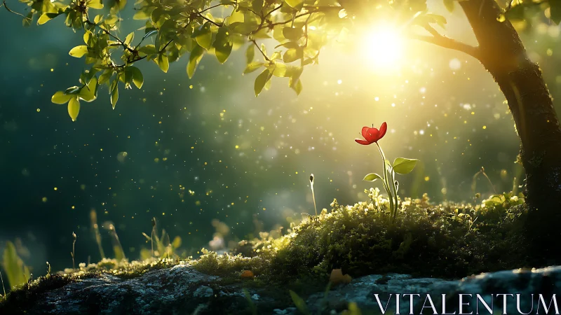 Sunlit red blossom dreaming beneath a whispering forest sky.