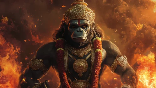 Digital painting of divine simian warrior with flaming backdrop.