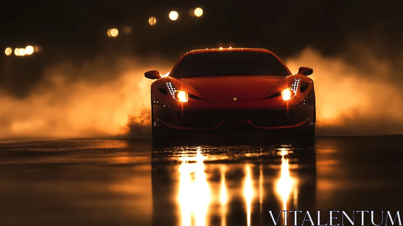 Red supercar cuts through night fog with blazing headlights
