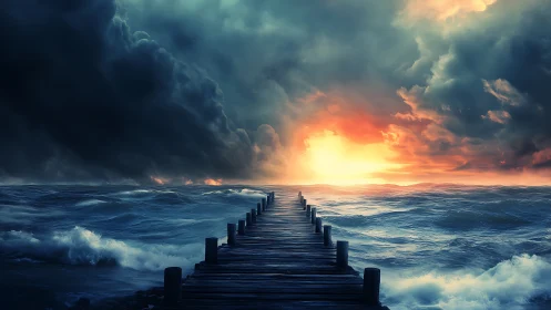 Storm-laden ocean pier converging into radiant horizon glow.