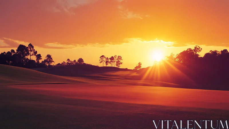Golden sunset over sculpted golf fairway and tree silhouettes.