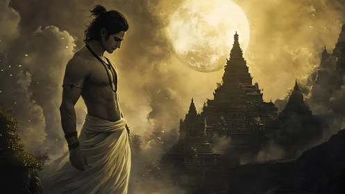 Moonlit warrior contemplates beside ancient temple spires.