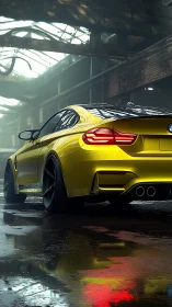 Yellow performance coupe rendered in a cinematic wet industrial bay