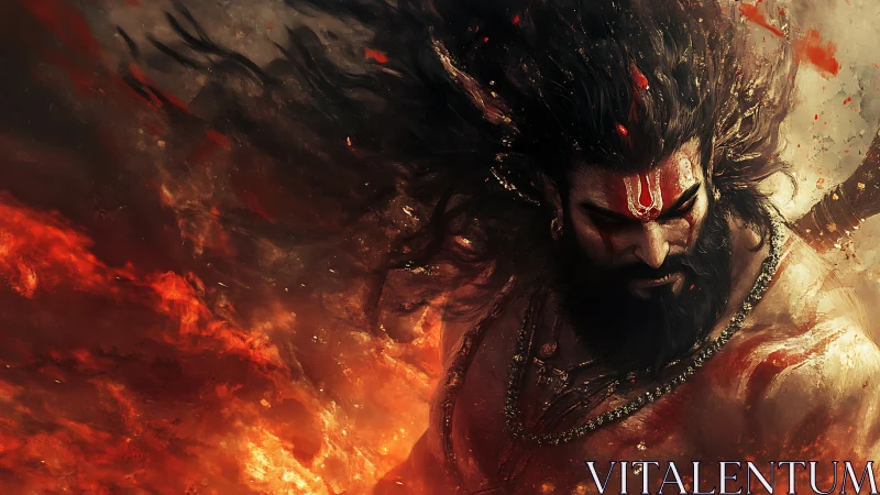 Fire-wreathed warrior saint striding through storm and flame.