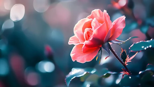 Single pink rose glows softly against dreamy teal bokeh