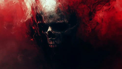 Burning skull emerges from swirling red shadowed smoke.