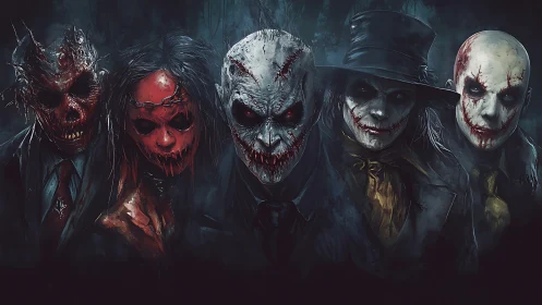 Grotesque masked figures in dark horror group portrait.