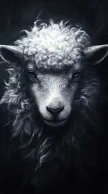 Monochrome frontal sheep portrait renders sculptural wool detail