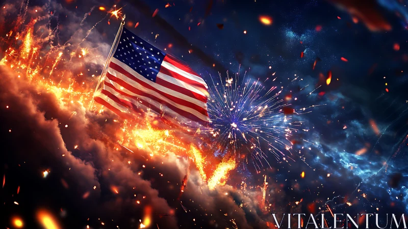 United States flag illuminated by explosive fireworks in stormy sky